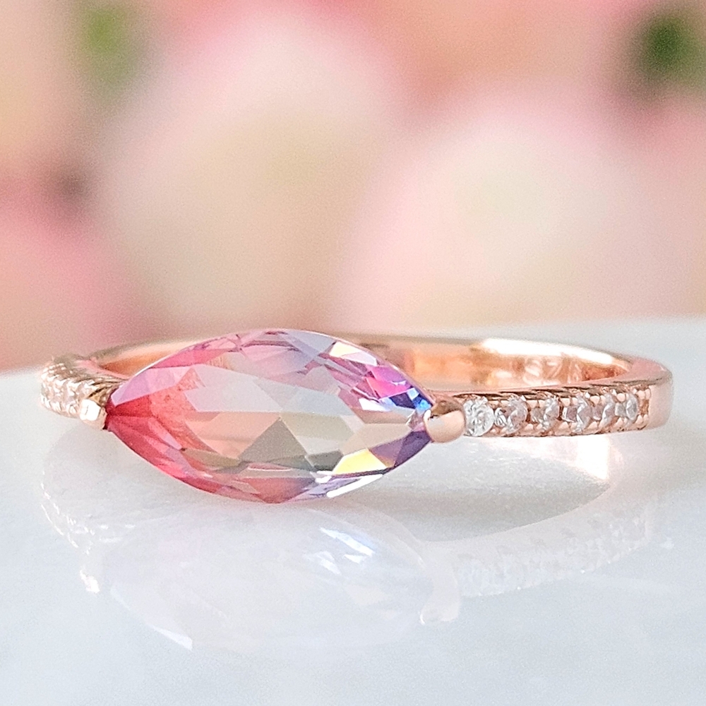 Rose Gold ring with Pink Purple Ombre marquise Gemstone, 925 Sterling Silver